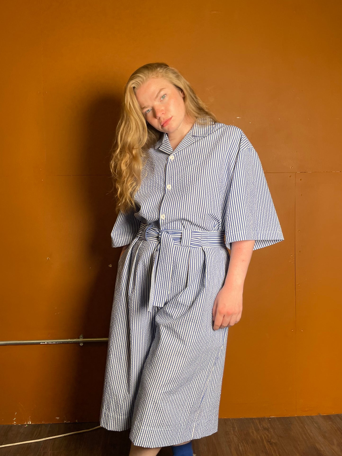 Blue striped 3/4 length short