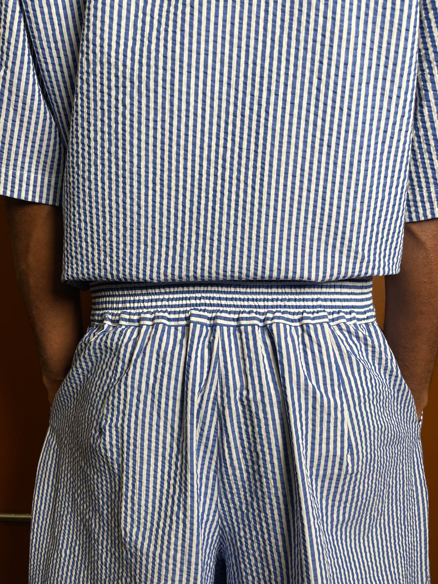 Blue striped 3/4 length short